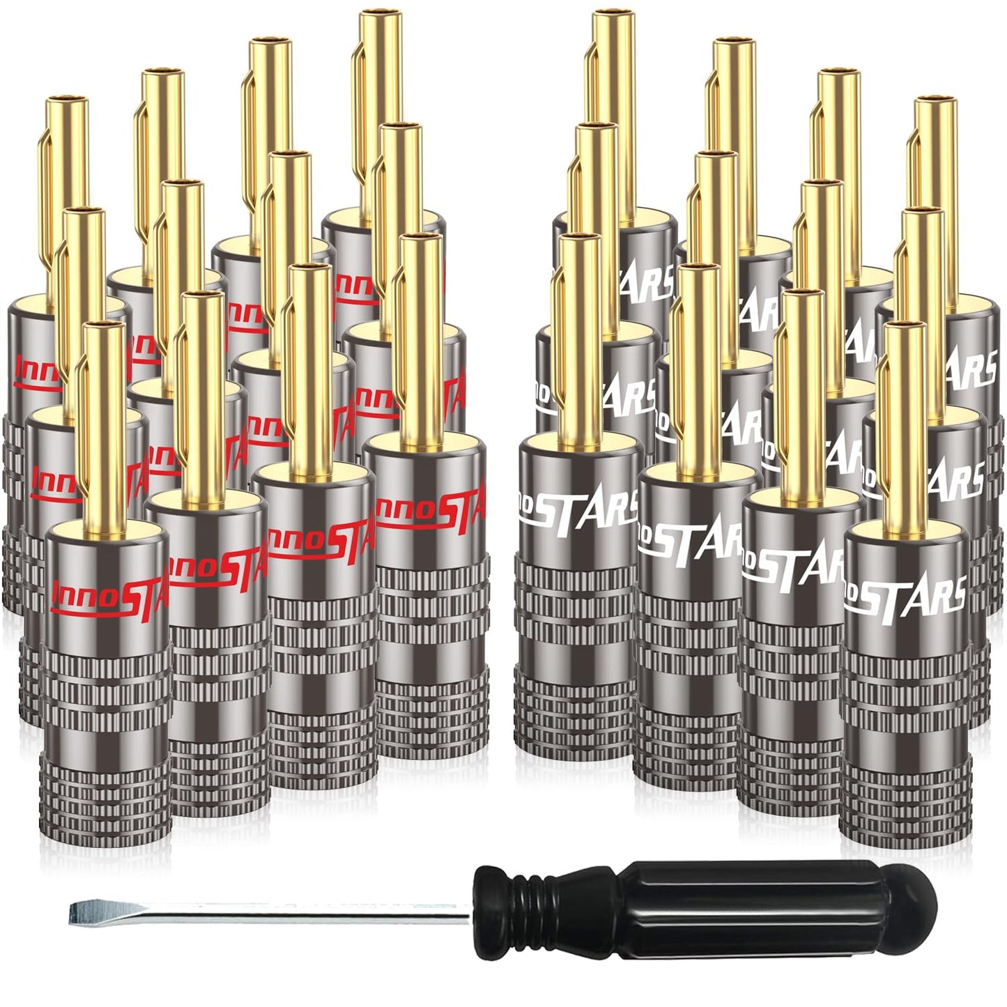 InnoStars Banana Plugs for Speaker Wire, (12 Pairs, 24 Pcs), 24K Gold Plated Connectors, Spring Pin Plug Closed Screw Design, Banana Pins (Support 12 AWG to 20 AWG Wires), Come with 1Pcs Screwdriver