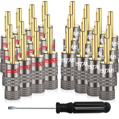 InnoStars Banana Plugs for Speaker Wire, (12 Pairs, 24 Pcs), 24K Gold Plated Connectors, Spring Pin Plug Closed Screw Design, Banana Pins (Support 12 AWG to 20 AWG Wires), Come with 1Pcs Screwdriver