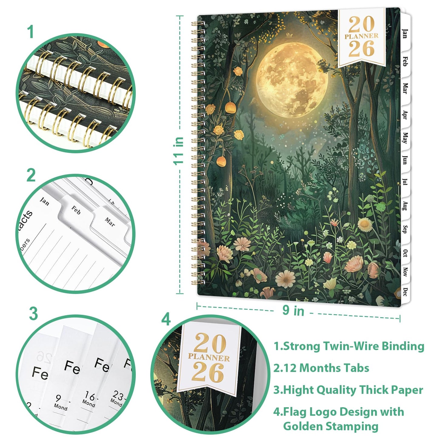 2026 Planner - Planner 2026, JAN 2026 - DEC 2026, 2026 Planner Weekly and Monthly, 2026 Calendar Planner, 9" x 11", Tabs, Spiral Binding, Back Pocket