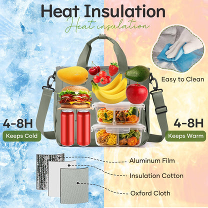 Lunch Bag Insulated Lunch Box Leakproof Lunch Tote Bags for Women Men,Portable Thermal Cooler Bag Lunch Containers with Shoulder Strap for Work, Family, Picnic, School, Outdoor,BBQ C5-Greygreen