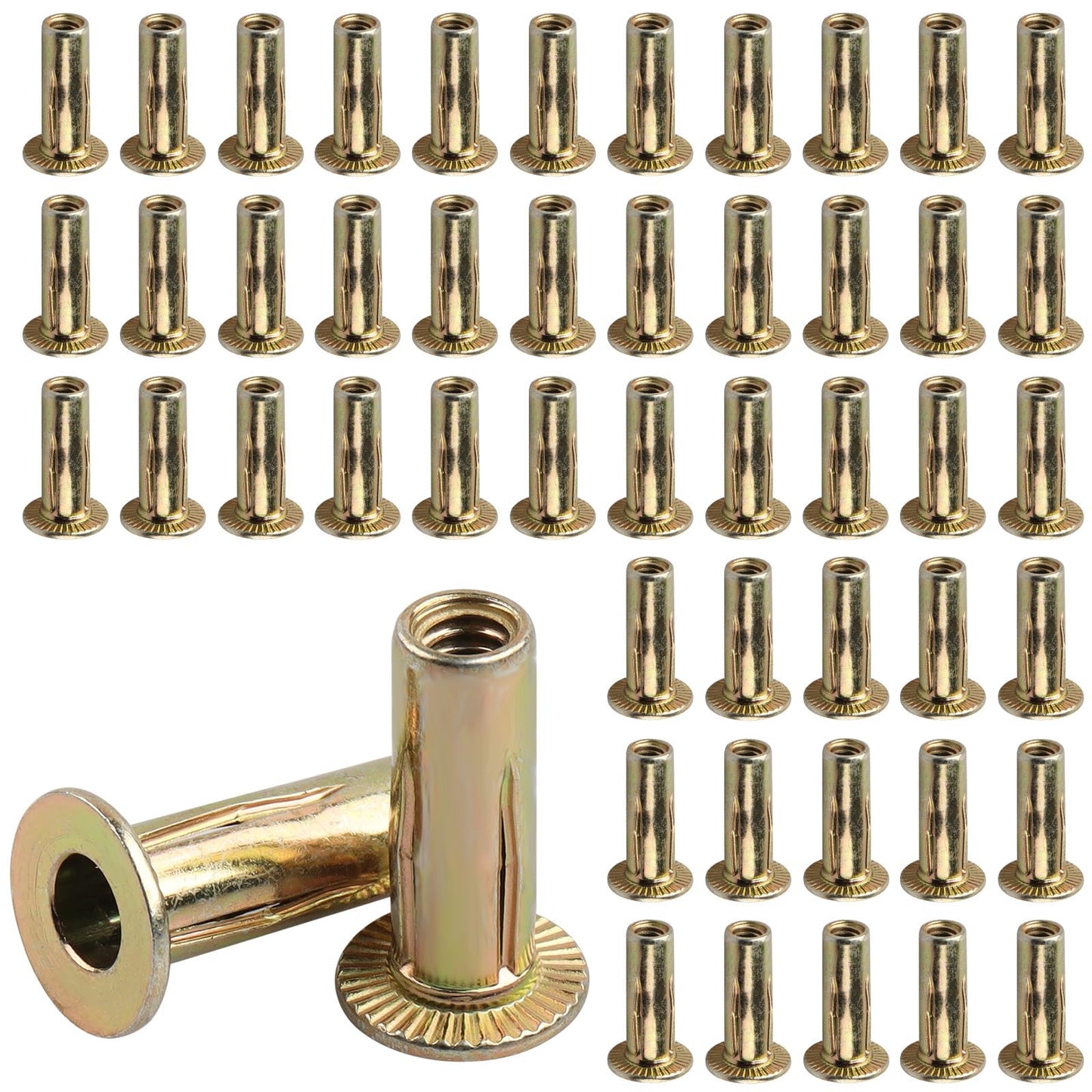 AOKLIT 50 Pcs Multi-Grip Rivet-Nuts, 1/4-20 Rivet Nut Steel Pre-Bulbed Shank, Plus Nut Color Zinc Plated Flat Head Threaded Insert Nut
