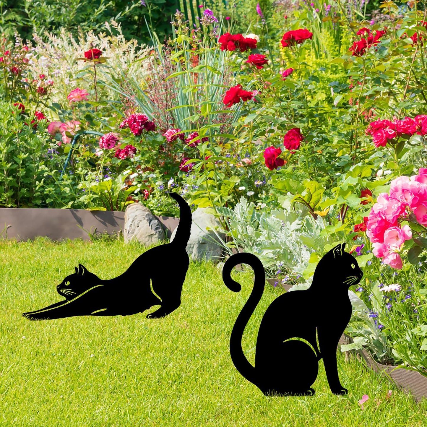 2Pcs Metal Garden Statues HADEEONG Decorative Garden Stakes Black Ornaments Cat Dog Lover Gifts for Lawn Ornaments Yard Patio Outdoor Decorations (Black Cats)