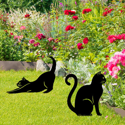 2Pcs Metal Garden Statues HADEEONG Decorative Garden Stakes Black Ornaments Cat Dog Lover Gifts for Lawn Ornaments Yard Patio Outdoor Decorations (Black Cats)