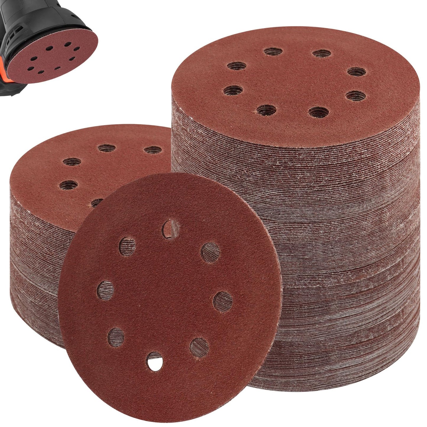 Mixiflor 200 Pcs 5 Inch Sanding Discs with 8 Holes Hook and Loop, 40/60/80/120/240/400/600/1000/1500/2000 Assorted Grits Round Sandingpaper, Red Sand Paper for Random Orbital Sander