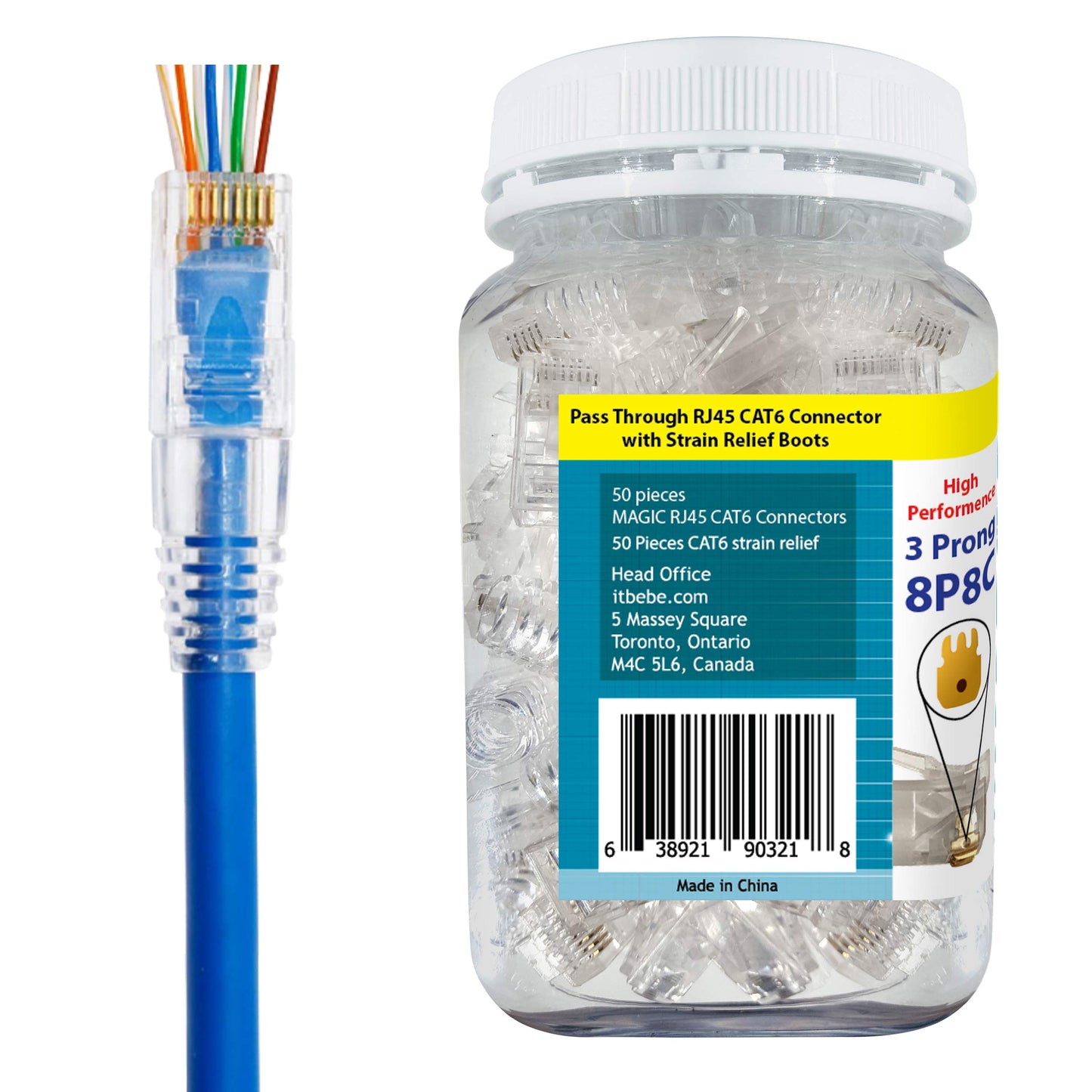 ITBEBE Gold Plated RJ45 Cat6 Pass Through Connectors (50) + Strain Relief Boots (50) – 8P8C UTP RJ45 Plug Ends for 24AWG Ethernet Cables, Easy Crimp, Network Connector Kit