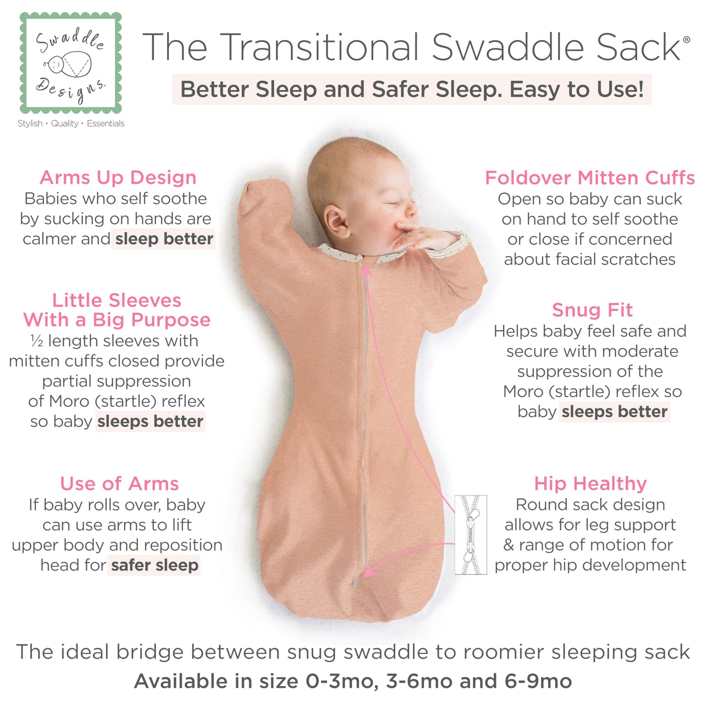 SwaddleDesigns Transitional Swaddle Sack, Arms Up Half-Length Sleeves & Mitten Cuffs, Swaddle for Newborn Transition to Baby Sleep Sack Wearable Blanket, 3-6 Month, 14-21 lb, Heathered Peach Blush