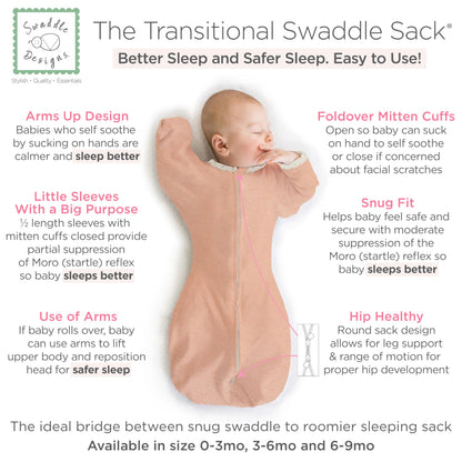 SwaddleDesigns Transitional Swaddle Sack, Arms Up Half-Length Sleeves & Mitten Cuffs, Swaddle for Newborn Transition to Baby Sleep Sack Wearable Blanket, 3-6 Month, 14-21 lb, Heathered Peach Blush