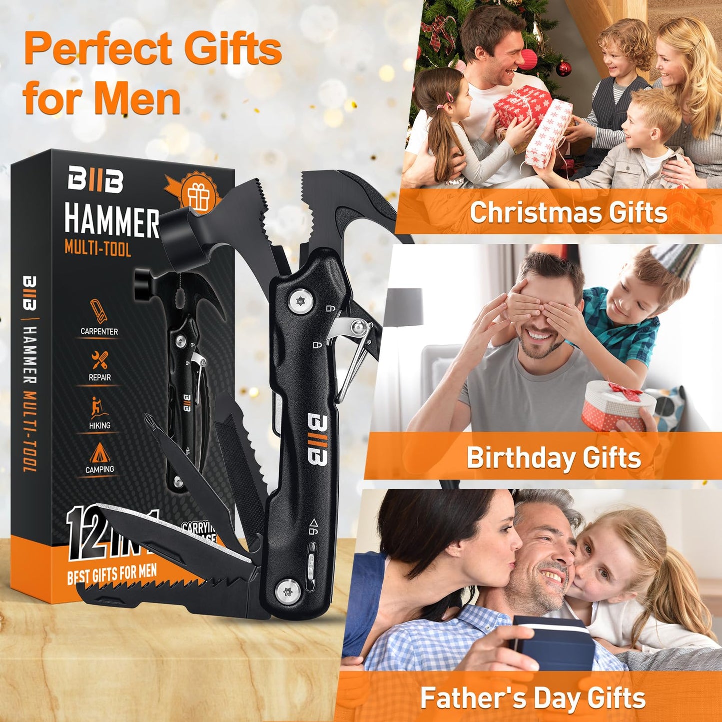 BIIB Gifts for Men, 12 in 1 Hammer Multitool Birthday Gifts for Men, Mens Gifts for Him Dad Husband Grandpa, Fathers Day Dad Gift from Daughter Wife, Camping Accessories Gear, Fathers Day Gift Ideas