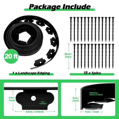 Aoipend Landscape Edging Kit 20ft, 5cm Tall Garden Edging Border Include 18 Anchoring Spikes, Black Plastic Edging Roll for Landscaping, Lawn Paver, Yard Flower Bed Edging (20Ft)