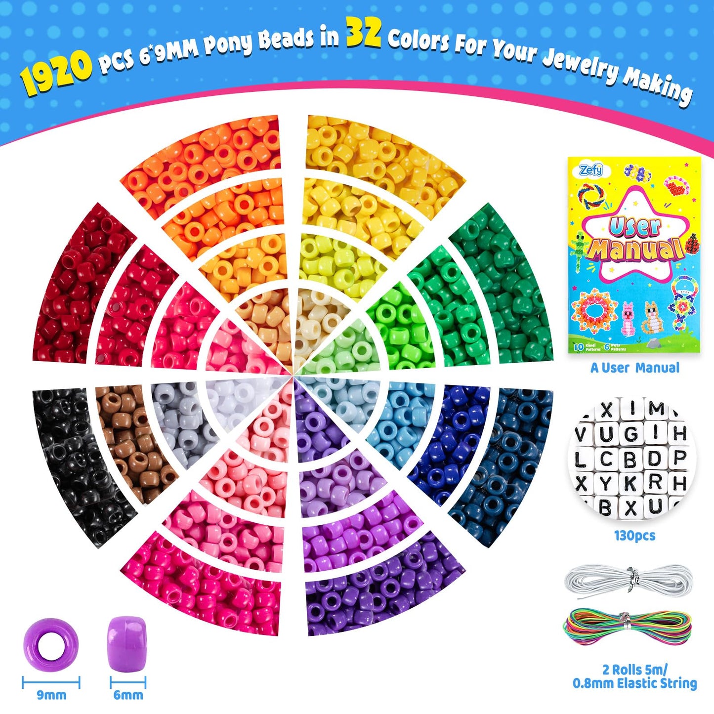 Zefy Pony Beads for Bracelets and Crafts, 32 Colors Kandi Beads with 10 Kandi Cuff Designs and 6 Bead Pets Designs, Friendship Bracelet Kit with Letter Bead for Jewelry Making (2000+ Pcs)