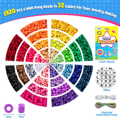 Zefy Pony Beads for Bracelets and Crafts, 32 Colors Kandi Beads with 10 Kandi Cuff Designs and 6 Bead Pets Designs, Friendship Bracelet Kit with Letter Bead for Jewelry Making (2000+ Pcs)