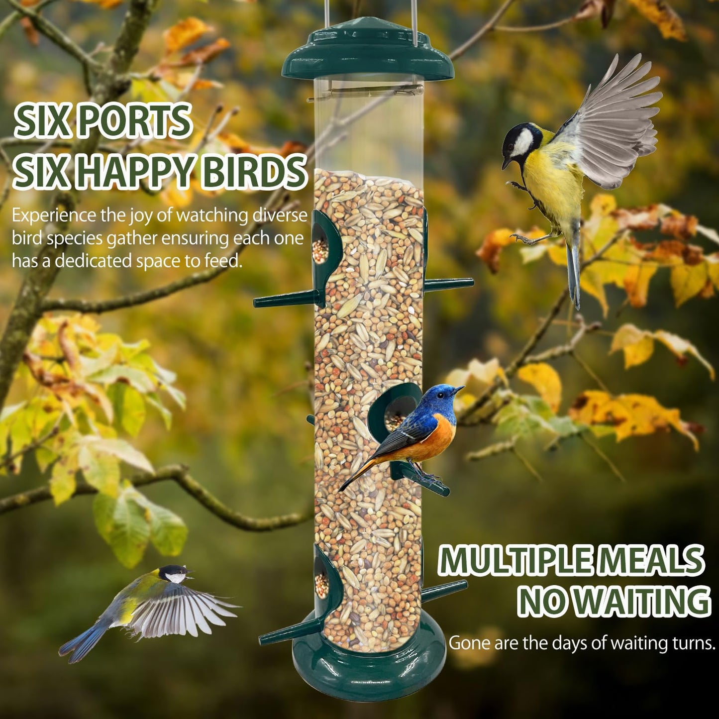 2Pack Metal Bird Feeders Hanging Tube for Garden – Wild Bird Seed Feeder with 6 Feeding Ports, Steel Hanger, Weatherproof Hanging Bird Feeder for Small Birds, Niger Seeds & More