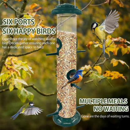 2Pack Metal Bird Feeders Hanging Tube for Garden – Wild Bird Seed Feeder with 6 Feeding Ports, Steel Hanger, Weatherproof Hanging Bird Feeder for Small Birds, Niger Seeds & More
