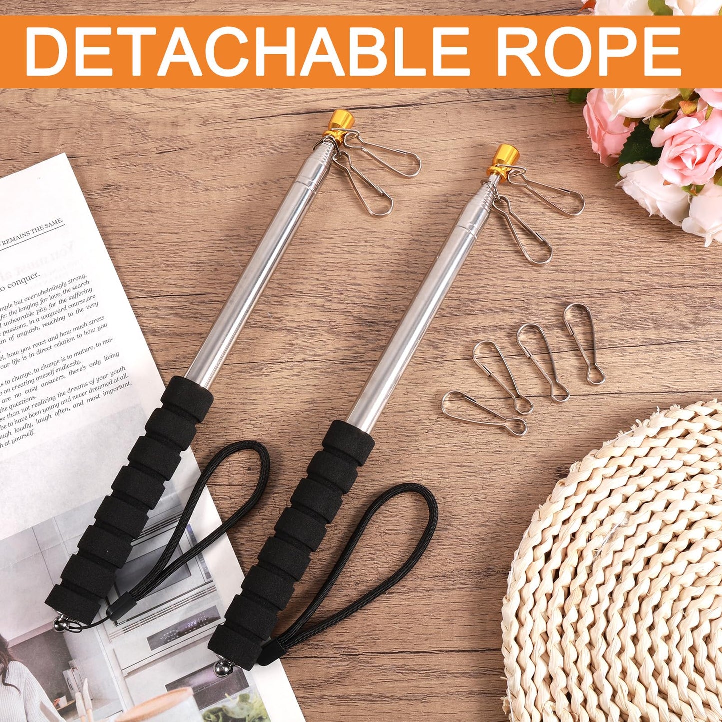 2pcs 9.84ft Telescopic Handheld Flagpoles with Clips, Stainless Steel Telescopic Banner Pole Portable Tour Guide Flag Pole Pointer Stick for Teacher (Black)