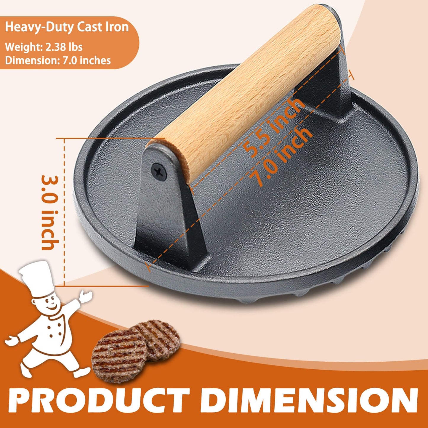Smash Burger Press, Heavy-Duty Cast Iron Hamburger Grill Press with Heat Resistant Wooden Handle Hamburger Patty Maker Bacon Sandwich Round Meat Press, 7inch