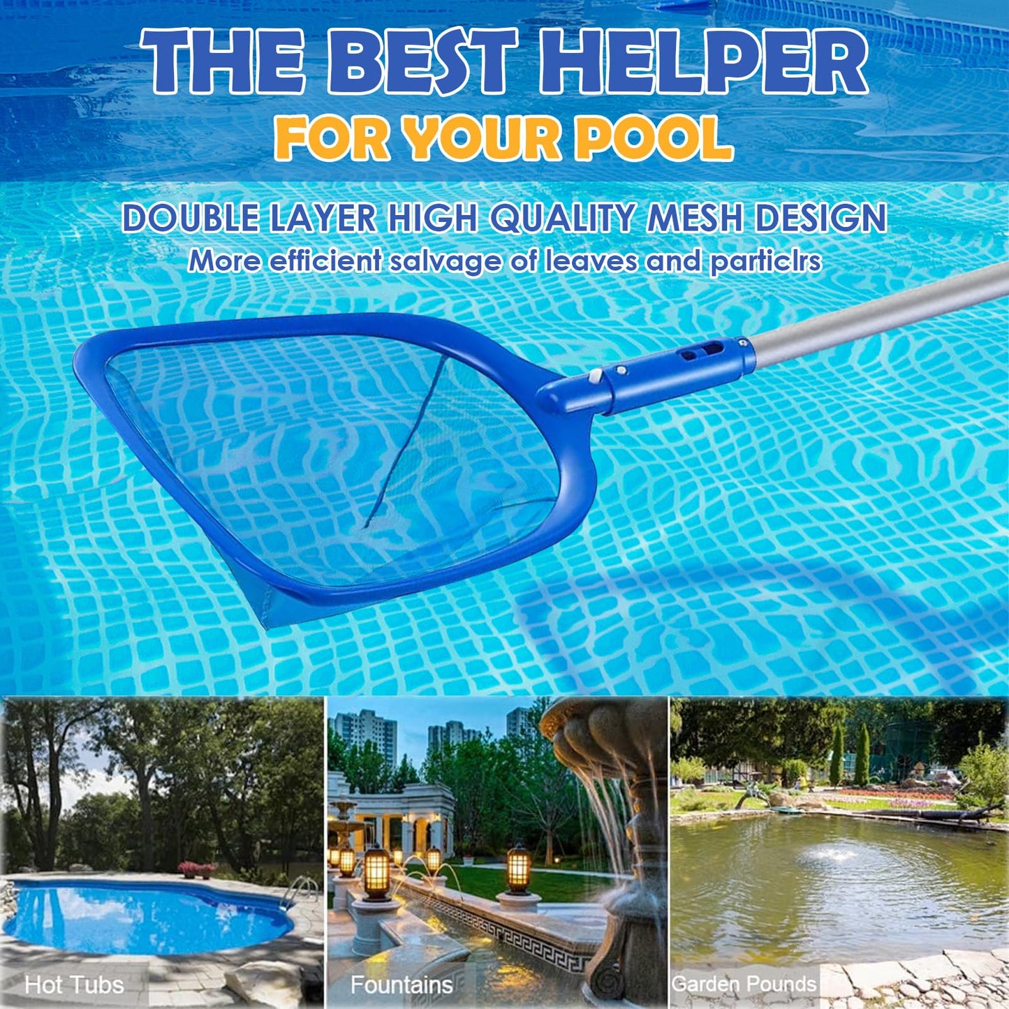 7.22ft Pool Skimmer Net with 5-Section Detachable Intensify Aluminum Handle Ploe Fine Mesh Rake Swimming Pool Leaves Cleaning Net for Swimming Pool Pond Hot Tub Fountain Aquarium Spa Tank