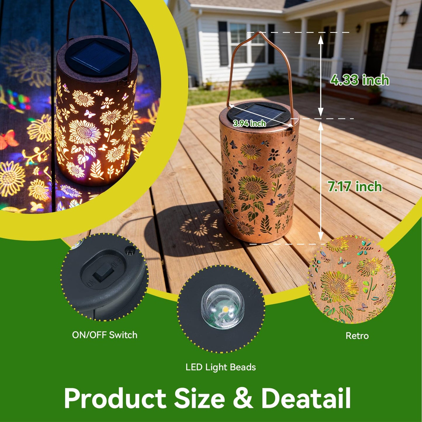 UZIMOO Solar Sunflower Lanterns Outdoor, Waterproof Hanging Lantern Lights, Hollowed-Out Metal Decor Lantern, Multicoloured LED Garden Decoration Light for Patio, Yard, Pathway, Landscape, Lawn