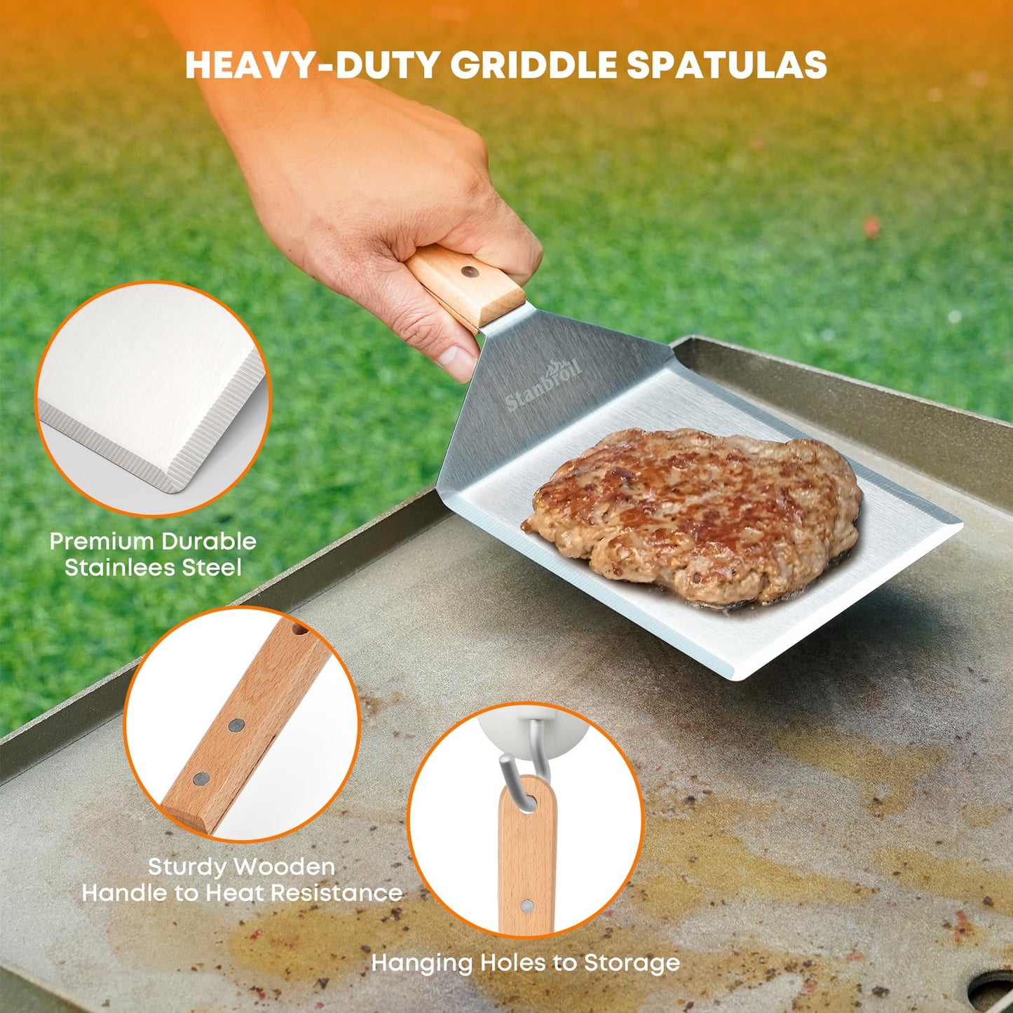 Stanbroil 5 Piece Smash Burger Press Kit for Flat Top Grill, Stainless Steel Grill Spatula and Burger Smasher, Spice Shaker, Squeeze Bottles and Patty Paper for BBQ Griddle Cooking