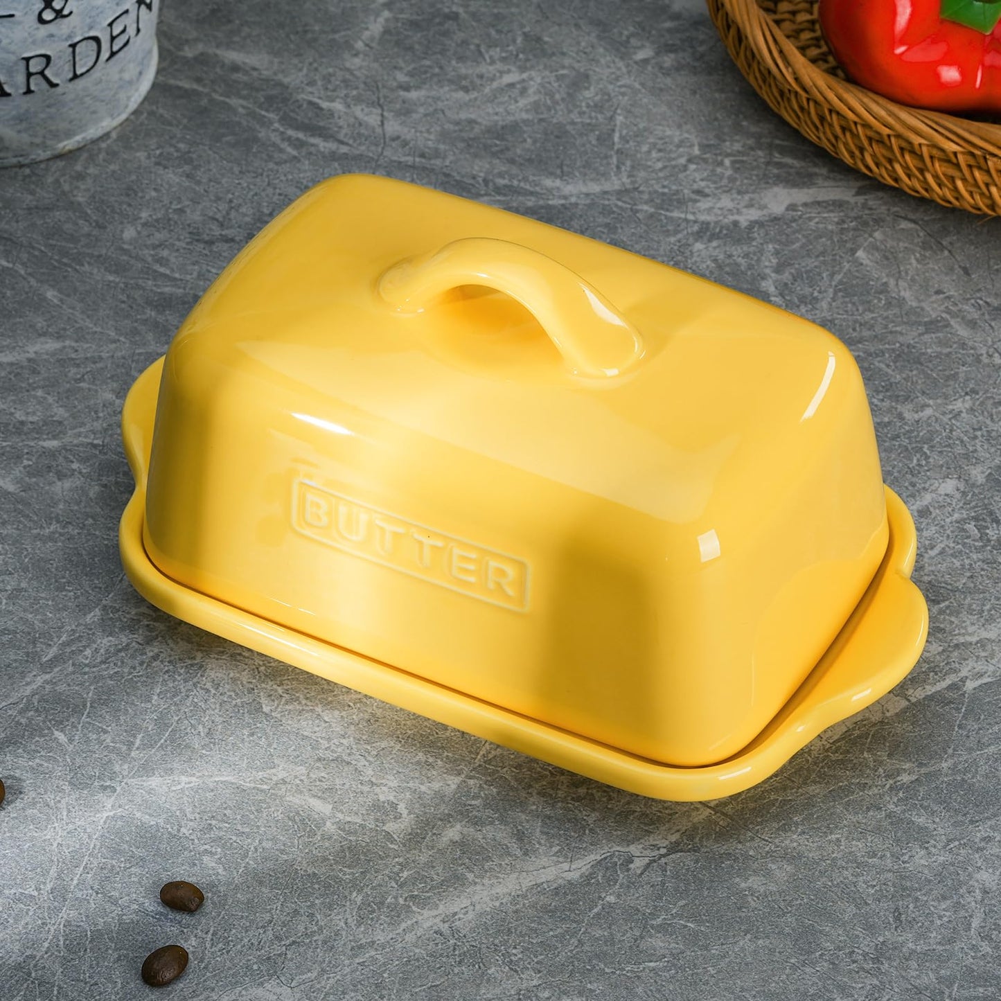 ADIVEE Large Butter Dish for 1 lb Block of Canadian Butter, Porcelain Butter Keeper Fit a Full Pound Block of Butter, Butter Container for an Entire Pound Butter,Color-Yellow