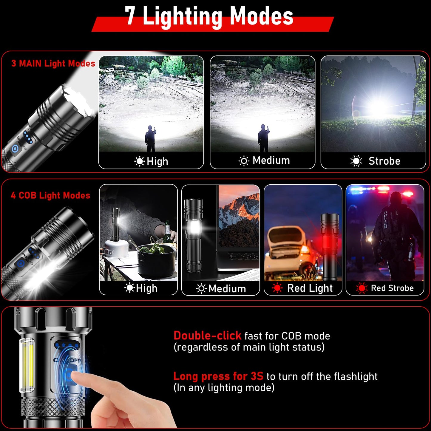 Shadowhawk Flashlights Rechargeable 990000 High Lumens - 30W Tactical LED Flash Light | 7 Modes with COB Light, XHM90.2 Super Bright Torch Light Battery Powered, Waterproof Lampe de Poche for Camping