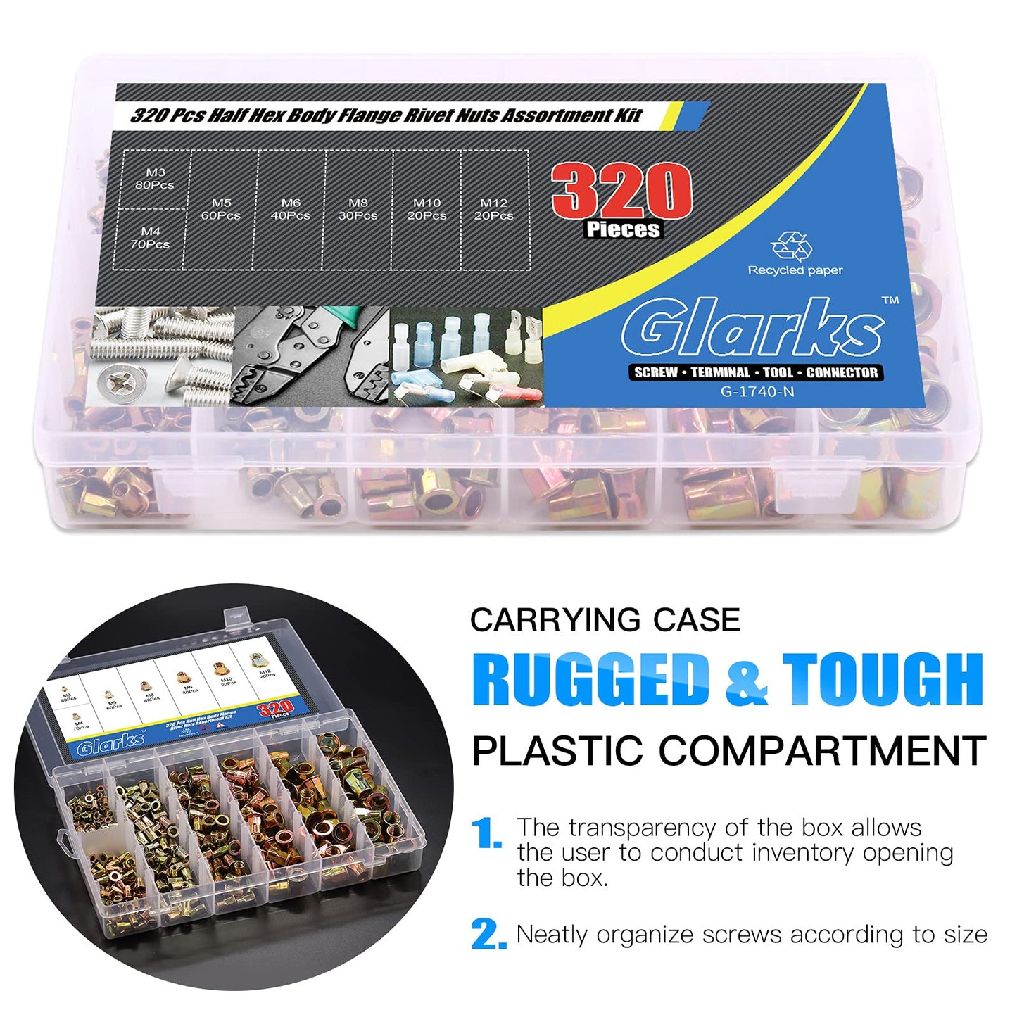 Glarks 320Pcs M3 M4 M5 M6 M8 M10 M12 Half Hex Body Flange Rivet Nuts Assortment Kit, Zinc Plated Carbon Steel Flat Head Threaded Insert Nut Rivnut Set (Rivet Nut Set)