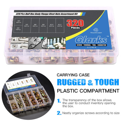 Glarks 320Pcs M3 M4 M5 M6 M8 M10 M12 Half Hex Body Flange Rivet Nuts Assortment Kit, Zinc Plated Carbon Steel Flat Head Threaded Insert Nut Rivnut Set (Rivet Nut Set)