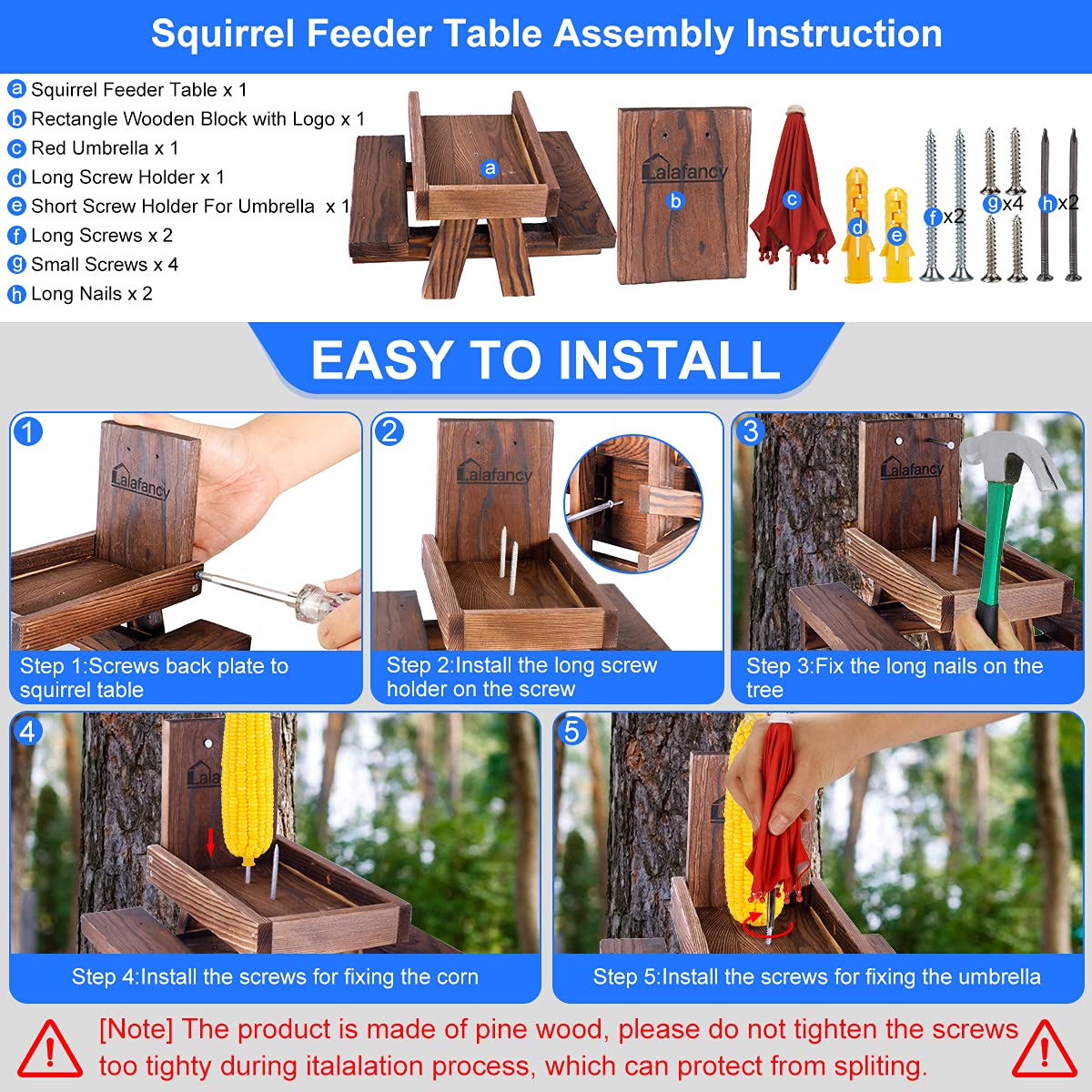 Squirrel Feeder Picnic Table with Umbrella, Lalafancy Carbonized Wood Squirrel Feeder for Outside Funny Chipmunk Feeder with Corn Cob Holder Structure Solid for Squirrel Gift
