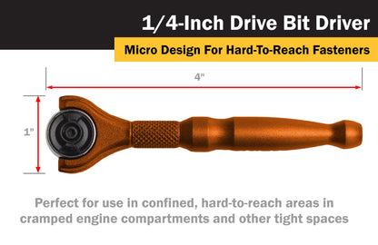 Titan Tools 11323 1/4-Inch Drive x 4-Inch 90-Tooth Swivel Head Micro Ratcheting Bit Driver - Orange