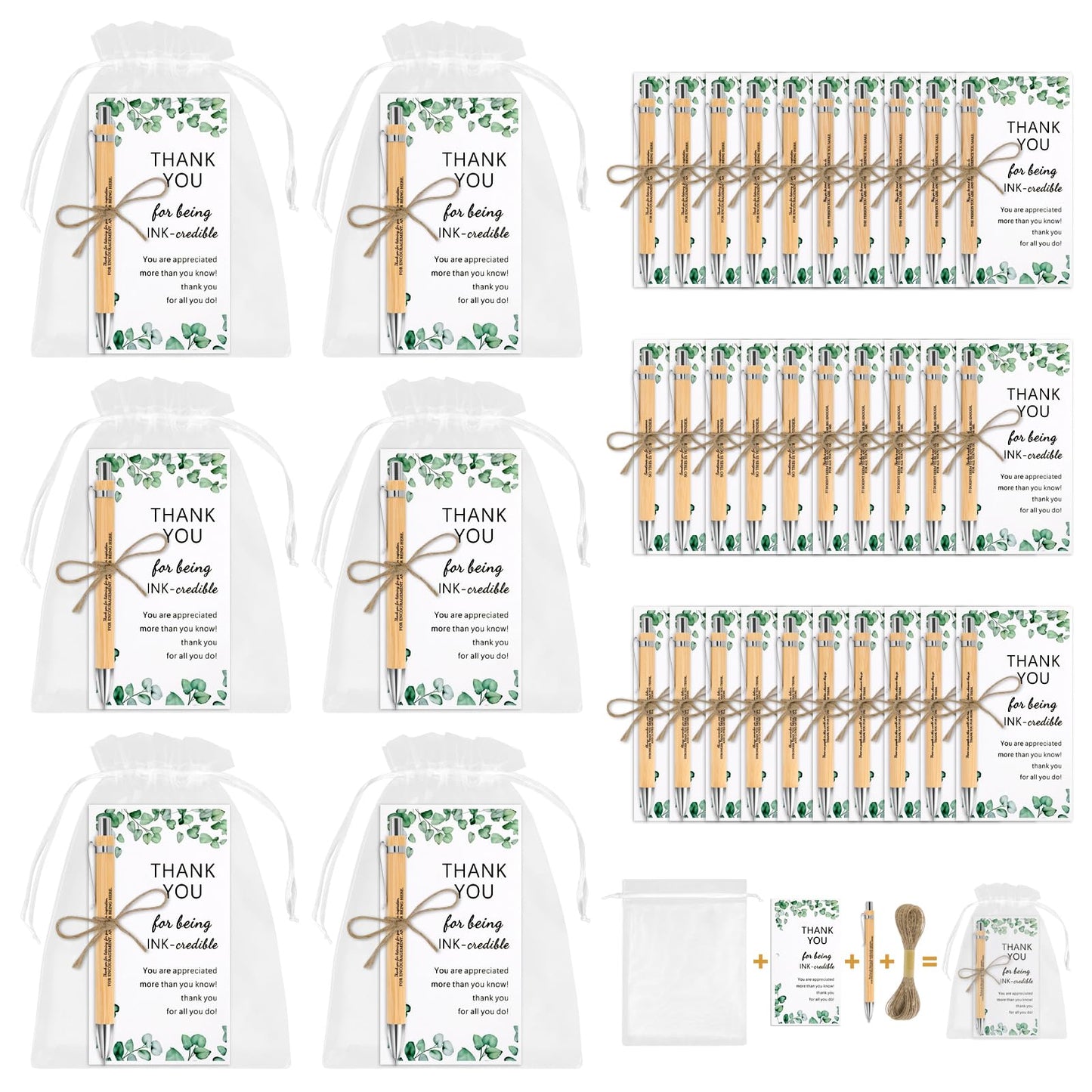 30 Pcs Thank you Inspirational Pens Bulk Gifts, Employee Appreciation Gift Motivational Quote Ballpoint Pens with Organza Bags and Thank You Cards for Teacher Student Coworkers Staff Gifts (8-30Pcs)