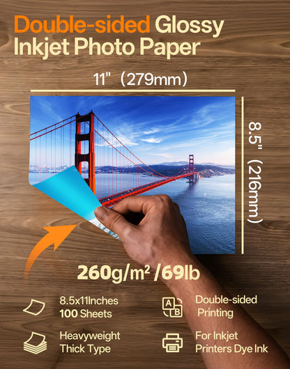 Uinkit Thick Photo Paper Glossy Double Sided 100 Sheets 8.5x11 Heavyweight 68lb 260gsm Inkjet Both Sides Printable 11.8mil A4 Letter size Flyer Bulk Pack 8.5 x 11 Card paper postcard postal A189