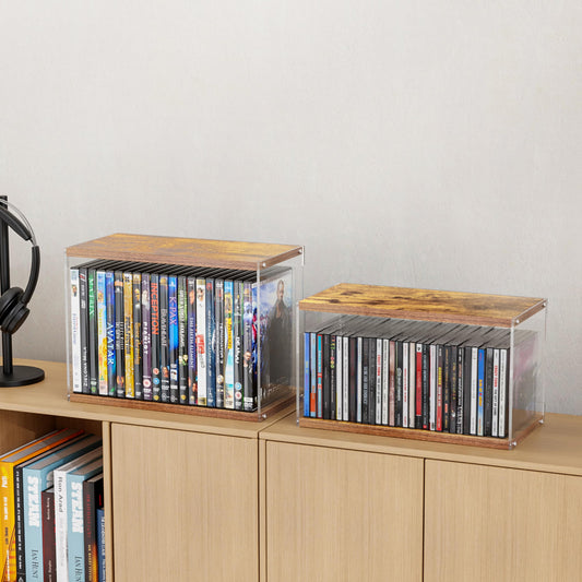 2Pack Stackable Wood Acrylic CD Holder Desk Rack Organizer Holds up to 60 CD Jewel Cases Media Storage Rack for Movie & Video Games Collections (Burning Wood)