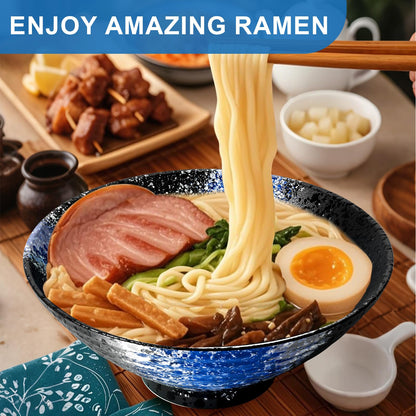 8-Inch Ceramic Ramen Bowl Set of 2 (9 Piece) - Porcelain Japanese Salad Noodles Cereal Fruit Pasta Soup Large Bowls with Recipes Chopsticks Forks Spoons for Men Women Gift Microwave & Dishwasher Safe