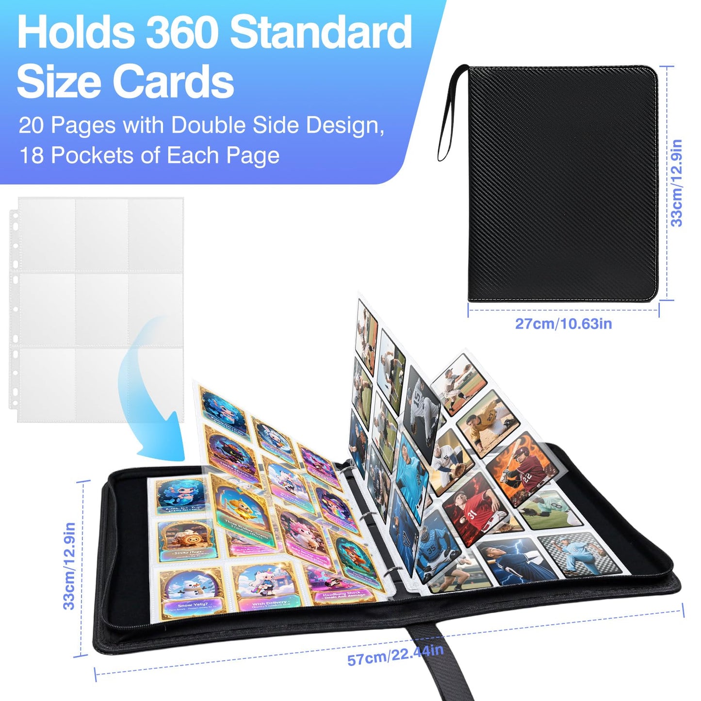 60 Pack 1080 Pockets Binder Card Sleeves Double-Sided 9 Pocket Trading Card Pages for 3 Ring Binder, Clear Plastic Pages Sleeves for Sport Cards, Business Cards, Game Cards, Photos
