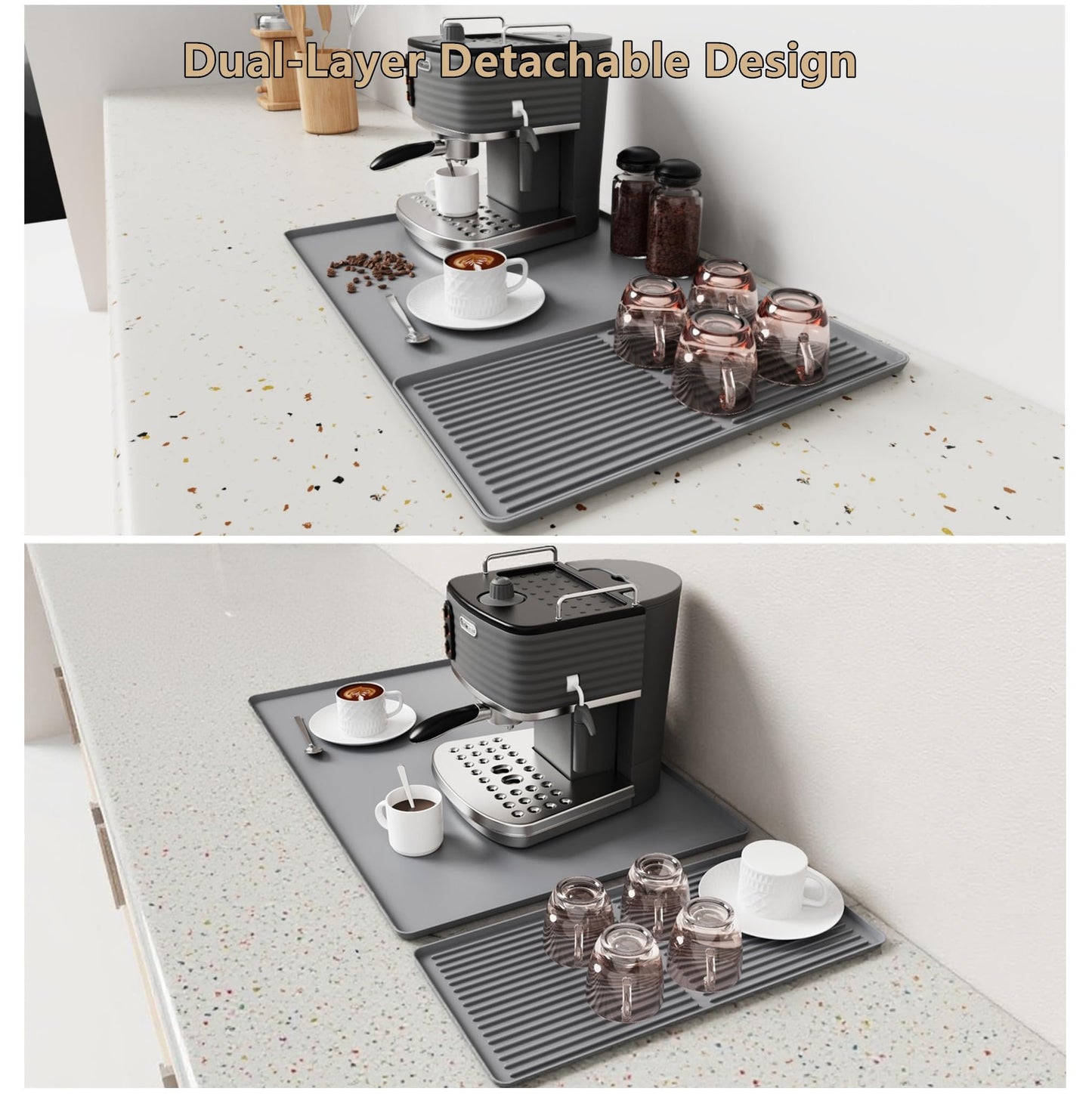 Coffee Maker Mat, Silicone Coffee Mat, 24"x16" Coffee Bar Mat with Detachable Dish Drying Mat, Spill-Proof, Heat-Resistant, Non-Slip, fits Under Coffee Maker & Dish Rack (Black, 24"x16")