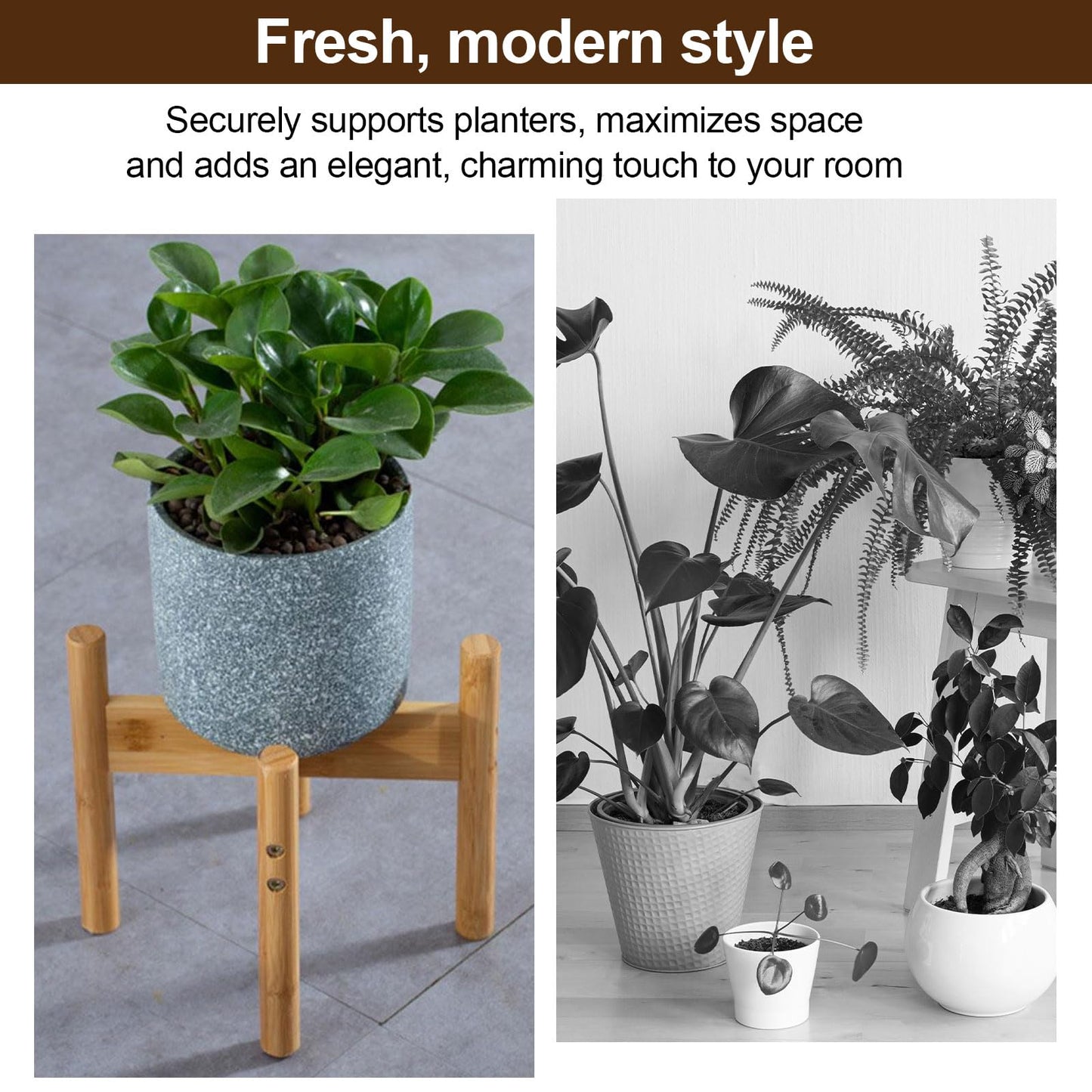 Sturdy Cross Plant Stands - Natural Finish, Oversized 12.59" Base, Adjustable 3.54"-7.48" Height, Flip Design, Reinforced Bamboo Braces Stand for Orchid, Potted Plants