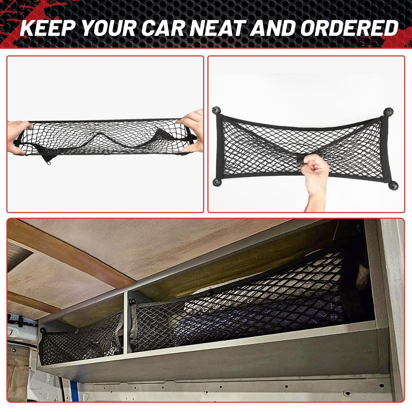 RED WOLF 2 Pcs Universal Cargo Net Pocket Elastic Mesh Netting Car Mesh Pouch for Trunk RV Boats Home Cargo Storage Mesh with Screws and Hooks (25.6'' x 9.8'')