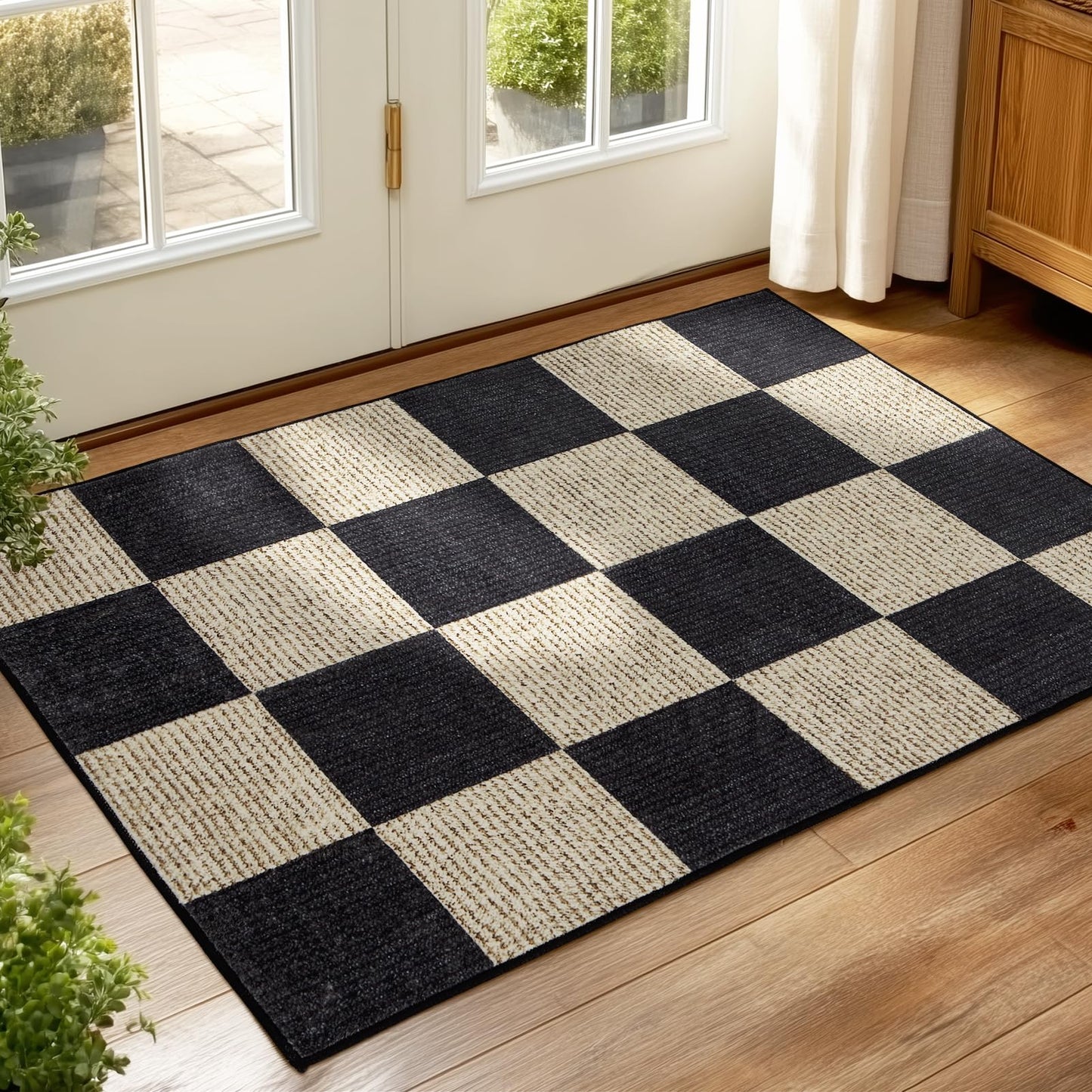 Washable Front Door Mat Indoor Entrance 2x3 Checkered Rug, Flat Print Plaid Area Rugs Ultra-Thin Carpet Stain Resistant Non-Slip for Entry Kitchen Hallway Kids Room Laundry Bedroom(Black and Camel)