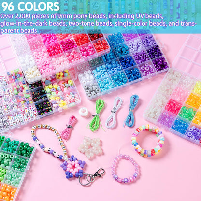 SJZWSD 5 Boxes Bracelet Making Kit Pony Beads, 6x9mm Kandi Rave Beads & Hair Beads Set with UV Color Changing, Glow-in-Dark, Chrome & Alphabet Letters for Friendship Jewelry DIY Crafts