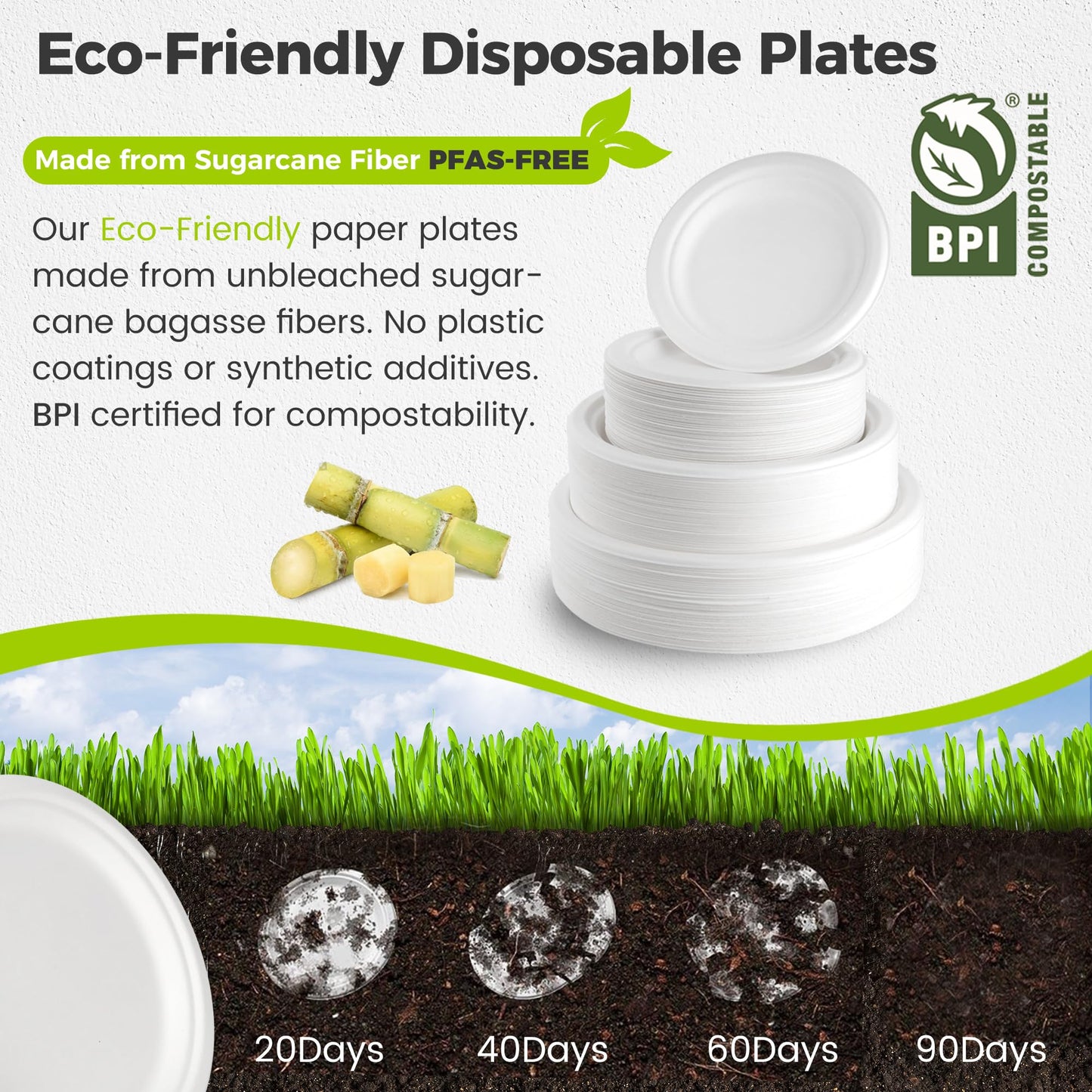XH.Easy Go 9 Inch Paper Plates 100% Compostable Plates Heavy-Duty Disposable Plates Bulk [125 Pack], Made of Natural Sugarcane Fibers, Eco-Friendly Biodegradable 9" White Dinner Plates