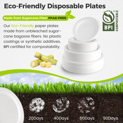 XH.Easy Go 9 Inch Paper Plates 100% Compostable Plates Heavy-Duty Disposable Plates Bulk [125 Pack], Made of Natural Sugarcane Fibers, Eco-Friendly Biodegradable 9" White Dinner Plates