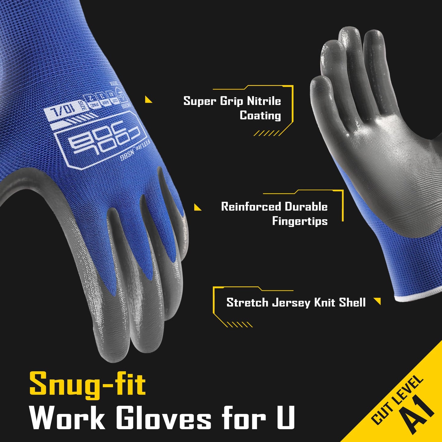 COOLJOB Work Gloves for Men & Women, 10 Pairs Thick Nitrile Rubber Coated, Latex Free, Oil Resistant, Bulk Pack, Non-slip Plam with Grip for Construction, Mechanics, Gardening, Blue, Gray, Large
