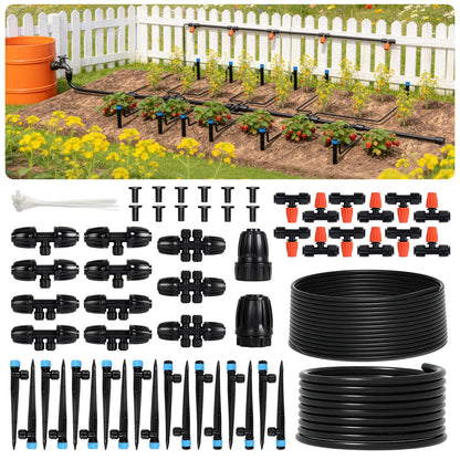 100FT Quick-Connect Drip Irrigation Kit, Automatic Garden Watering System with 1/2" & 1/4", 3 Adjustable Sprayers (Vortex, Stream, Mist), Barbed Tees for Raised Beds, Greenhouse, Patio, Potted Plants