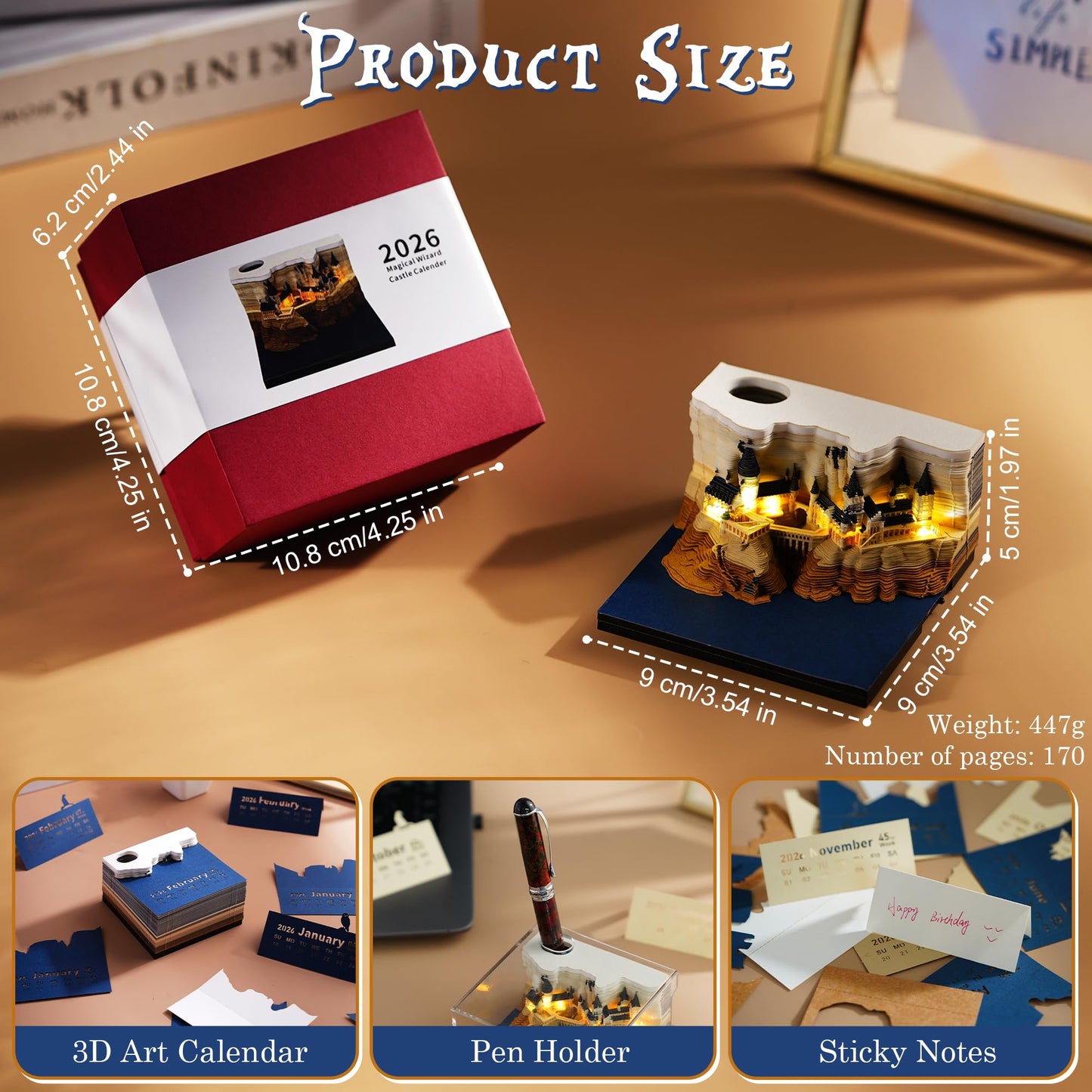 3D Time Piece Calendar 2026, Art Calendar Memo Pad 2026 Mini Desk Calendars Magic Castle with Lights, 3D Sticky Note Desktop Tear Off Calendar Gift for Christmas Office Decoration