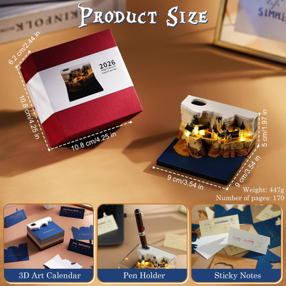 3D Time Piece Calendar 2026, Art Calendar Memo Pad 2026 Mini Desk Calendars Magic Castle with Lights, 3D Sticky Note Desktop Tear Off Calendar Gift for Christmas Office Decoration