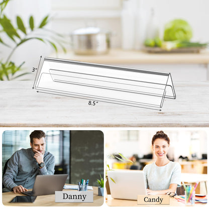 Dingelex 12 Pack Acrylic Desk Name Plate Holder, Clear Small 8.5 x 3 Double Sided Display Sign Holder Acrylic Name Tent Holders Plastic Office Business Desk Sign Holder Teacher Name Plate