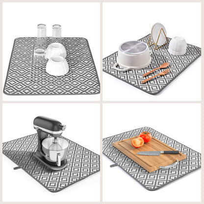 Subekyu 2 Pack Dish Drying Mat, 24 * 18 inch Ultra Absorbent Microfiber Dishes Drainer Mats for Kitchen Counter, Large Size Dish Drying Pad with Rhombus Patterns