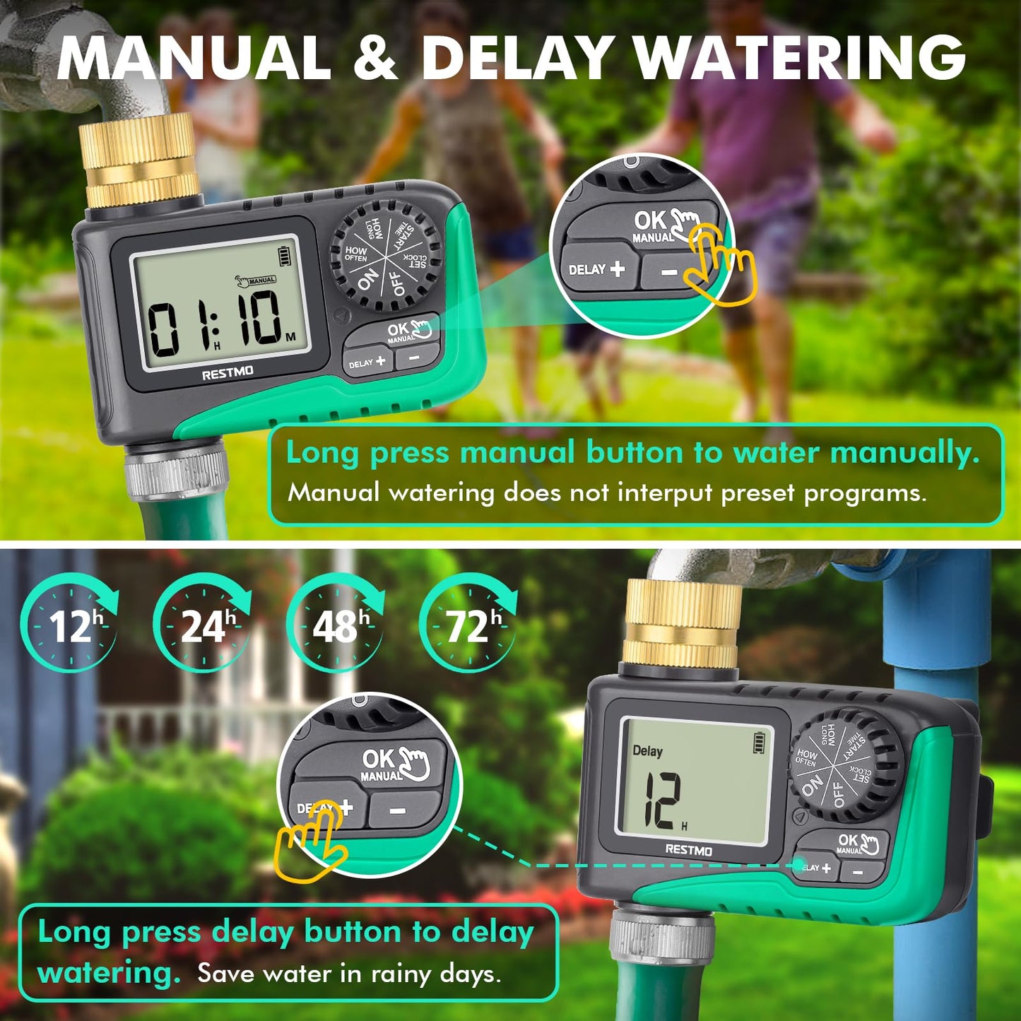 RESTMO Water Timer with Brass Inlet, Programmable Sprinkler Timer for Garden Hose, Automatic Digital Control | Manual ON/Off | Rain Delay, for Outdoor Faucet, Drip Irrigation and Lawn Watering System