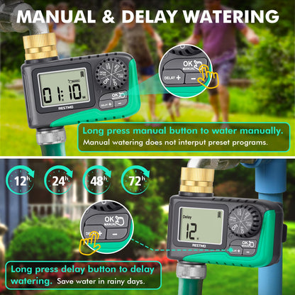 RESTMO Water Timer with Brass Inlet, Programmable Sprinkler Timer for Garden Hose, Automatic Digital Control | Manual ON/Off | Rain Delay, for Outdoor Faucet, Drip Irrigation and Lawn Watering System