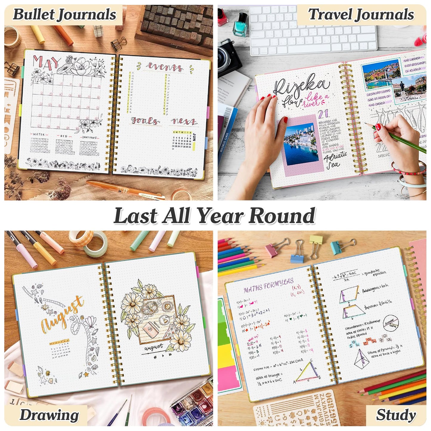 Dotted Journal Spiral Notebook, 300 Pages Leather Notebooks with Contens, 120 GSM Thick No Bleed Through Paper Journals, A5 Dot Grid Notebook for Women Men School Work Writing, 5.5" x 8", Black