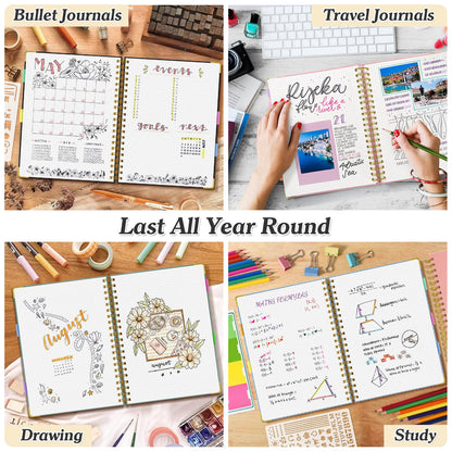 Dotted Journal Spiral Notebook, 300 Pages Leather Notebooks with Contens, 120 GSM Thick No Bleed Through Paper Journals, A5 Dot Grid Notebook for Women Men School Work Writing, 5.5" x 8", Black
